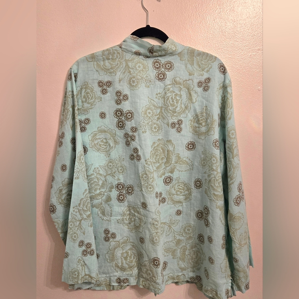 Cut Loose Linen Asian Inspired Floral Jacket Top Mint Brown Boho Large - Picture 2 of 9
